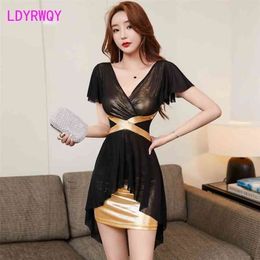 LDYRWQY summer Korean version of the low-bust slim cover belly fashion flying sleeve gauze dress Office Lady 210416
