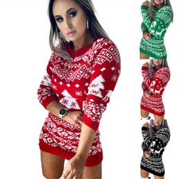 Winter Womens Fashion Sexy Long Sleeve Christmas Elk Print Ladies Knitted Sweater Bodycon Dress Y1110