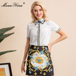 Fashion Designer Summer Black Skirts Suit Women's White Short sleeve Shirts and Floral print Mini 2 Pieces 210524