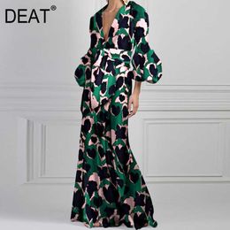 [DEAT] Summer Fashion V-neck High Waist Floor-length Printing Long Sleeve Elegant Dress Women 13C960 210527