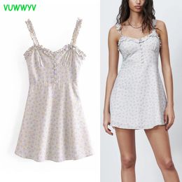 Floral Print Ruffle Straps Mini Dress Women Vintage Elastic Smocked Wasit Party Woman Front Buttons Club Vestidos 210430