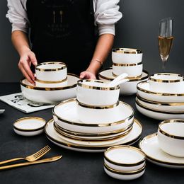-Блюда тарелки керамическая посуда набор белый золотой инсульт ужин тарелка стейкс столовая посуда рисовый суп чаша ложка блюдо дома украшения