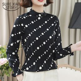 Polka Dot Chiffon Women Blouses Stand Collar Long Sleeve Pullovers Bottom Shirt Female Shirts Ladies Tops 6890 50 210417