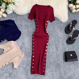 Women Bodycon Dress Fashion Summer Short Sleeved Side Buttons Knitted Long Robe Female Solid Black Sexy Party Dresses 210525