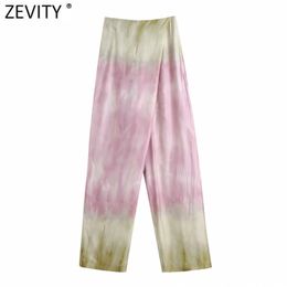 Women Fashion Gragual Color Tie Dyed Printing Satin Wide Leg Pants Retro Female Side Zipper Chic Long Trousers P1030 210420