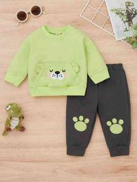 Baby Cartoon Graphic 3D Ears Design Sweatshirt & Paw Print Sweatpants SHE