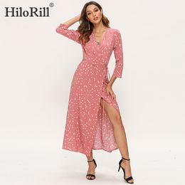 Casual Long Maxi Dress For Womens Boho Dot Print Wrap es Split V Neck Three Quarter Sleeve Beach Sashes Robe 210508