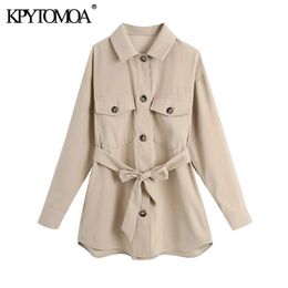 Women Fashion With Belt Button-up Loose Blouses Long Sleeve Pockets Female Shirts Blusas Chic Tops 210420