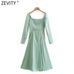 Women Vintage Square Collar Solid Colour Split Soft Satin Midi Dress Female Chic Back Zipper Elastic Party Vestido DS8192 210420