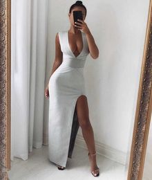 Women Sexy V Neck Split Sparkly Grey Long Bandage Dress Elegant Prom Celebrity Bodycon Party Vestido 210527