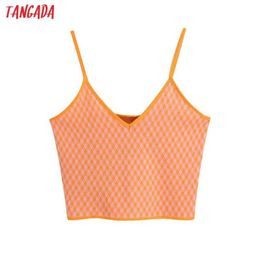 Tangada Women Plaid Pattern Knit Camis Crop Top Spaghetti Strap Sleeveless Backless Short Shirts Female Tops BE945 210609