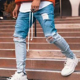 Trendy Gradient Men Skinny Jeans Biker Destroyed Slim Fit Denim Ripped Denim Pants Ankle Zipper Pencil Pants Hip Hop Streetwear 210622