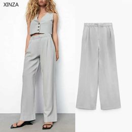 2021 Za Women High Waist Casual Pants Fashion Side Pockets Pleat Office Lady Trousers Feminine Loose Linen Summer Pants Q0801