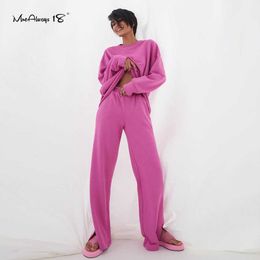Mnealways18 Pink Sweatpants 2 Piece Womens Pullover Tracksuit Long Legs Pants Suit Sports Outfit Fall Female Sweatshirt Set 210930