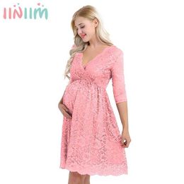 Womens Femme Maternity Elegant Dress Floral Lace Overlay V Neck Half Sleeve Pregnant Photography Dress for Take Part Weeding X0902