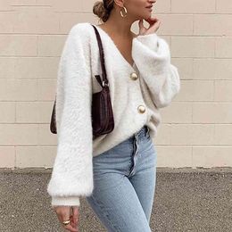 knitted fuzzy cardigan top women oversized green fluffy button up pink cardigan autumn winter short cardigan 210415