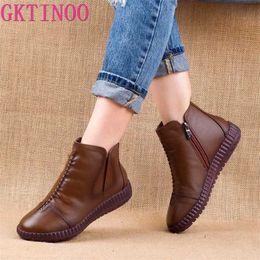 GKTINOO Winter Genuine Leather Ankle Boots Handmade Lady Soft Flat Shoes Comfortable Casual Moccasins Side Zip 211105