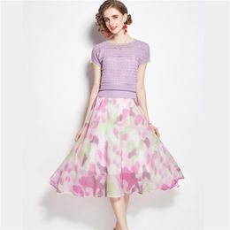 Summer 2 Piece Set Runway design Women Purple knitting Short Sleeve T-Shirt Tops + Sweet Sling Chiffon Midi Dress Outfit 210519