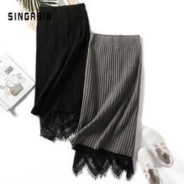 Women knitted sweater skirt midi stripe lace pencil skirt knitting bottoms elastic autumn warm skirt winter 210419