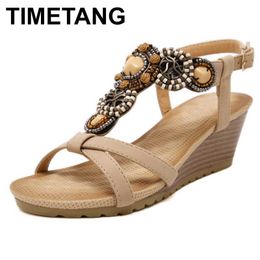 TIMETANG Arrival Women Sandals Wedges Shoes Casual Shoe Beading Bohemia Fahion High Heels Plus Size 35-40 Free C054 210624