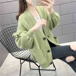 Solid Lantern Sleeves V-neck Knitted Sweater Women Long Sleeve Loose Pocket Stitching Cardigan Female Spring Autumn 210427