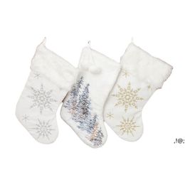 Christmas Stocking Snowy White Cozy Faux Fur Xmas Fireplace Hanging Sock Decorative For Family Party Decorations DIY Craft LLB11766