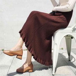 A Word Skirt Female Autumn And Winter Thickening Korean Version Of The High Waist Long Pleated Wooden Ear 210427