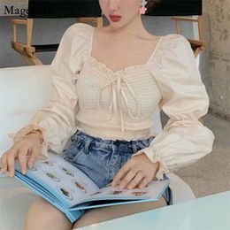 Sexy Off Shoulder Korean Vintage Blouse Women Autumn Drawstring Solid Shirts Blouses Long Sleeve Top Blusas 10161 210512