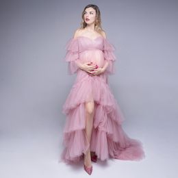 Unique Evening Dresses Off Shoulder Long Sleeves Ruffles Tulle Lace Pregnant Women Cape Dress Lace-Up Back Maternity Formal Evening Gowns Fashion