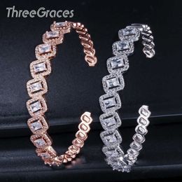 Threegraces Fashion Inlay Square Cubic Zirconia Stone Rose Gold Colour Open Cuff Bangle Bracelet for Women Jewellery Gift Ba021 Q0717