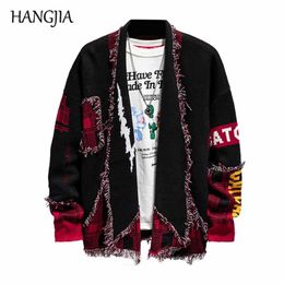 Hip Hop Colorblock Tassel Cardigan Sweater Harajuku Streetwear Patch Cardigans Outwear Men Raw Edges Plaid Knitted Sweaters 211018