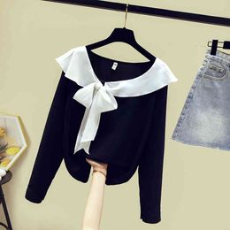 Autumn Shirts Women's Long Sleeves Patchwork Bow Shirt Ladies Girls Female All-match Casual Blouse Tops A3731 210428