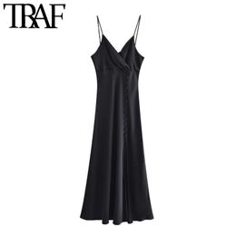 TRAF Women Chic Fashion With Buttons Front Slit Midi Camisole Dress Vintage Backless Thin Straps Female Dresses Mujer 210415
