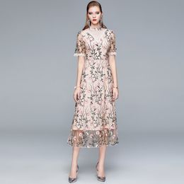 Summer Women Stand Collar Flower Embroidered A-Line Dress Female Chic Elegant High Waist Mesh Office Ladies Vestidos 210514