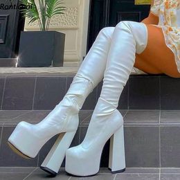 Rontic Handmade Women Winter Over The Knee Stretch Boots Chunky Heels Round Toe Beautiful White Party Shoes Us Size 5-15