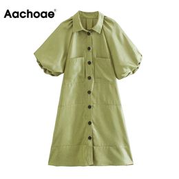 Chic Women Green Shirt With Pocket Puff Short Sleeve Casual Mini Dress Ladies Turn Down Collar Office Dresses 210413