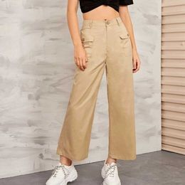 New Women Fashion Solid Pant Hight Waist Pocket Loose Straight Trousers Casual Pants High Quality Comfy Daily Pant Q0801