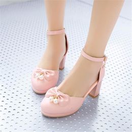 Sweet Lolita Girls Mary Janes Sandals Bowtie Pearl Beads Ankle Strap Chunky High Heels Wedding Shoes Bride White Women