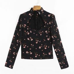 HSA Printed Vintage Women Summer Hollow Out Floral Print Blouse Long Sleeve Office Shirt Bow Tie Blusa Mujer Tops 210417