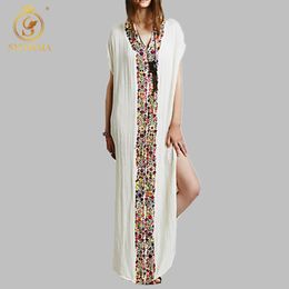 Women Flower Embroidered Cotton Dress Loose Casual Long beach Hippie Boho People Summer V Neck Turkish Robes 210520