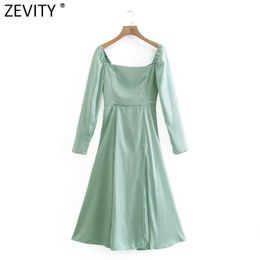 Zevity Women Vintage Square Collar Solid Colour Split Soft Satin Midi Dress Female Chic Back Zipper Elastic Party Vestido DS8192 210603