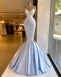 Sky Blue Mermaid Evening Dresses One Shoulder Lace Appliqued Beaded Satin Sexy Spaghetti Strap Women Plus Size Prom Pageant Gowns