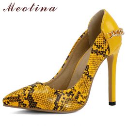 Meotina Extreme High Heel Shoes Women Snake Print Stiletto Heels Chain Pointed Toe Pumps Fashion Female Footwear Green Size 210608