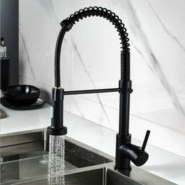 Spring Pullout Brass Matte Black Kitchen Faucet Cold Water Mixer Tap Faucets 360 Rotation 2 Functions Stream Sprayer Nozzle 210724
