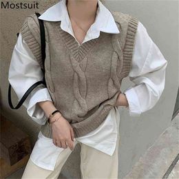 Twisted Knitted V-neck Sweater Vest Women Sleeveless Korean Vintage Loose Fashion Pullover Spring Autumn Solid Casual Tops 210513