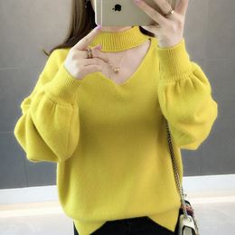 Sweater Women Autumn Winter Half Turtleneck Hollow Out Pullover Bottoming Knitted Tops Korean Solid Loose Lantern Sleeve Sweater 210412