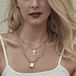 YIAN Fashion Key Padlock Pendant Necklaces for Women Gold/Silver Locks Necklace Layered Chain on the Neck With Lock Punk Jewellery