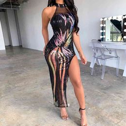 Women Backless Sequined Dress Casual Streetwear Sleeveless Asymmetrical DressBandage Bodycon Night Club Dresses 210521