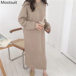 Autumn Winter Korean Thicken Knitted Sweater Dress Women Long Sleeve O-neck Casual Loose Fashion Solid Female Vestidos 210513