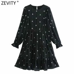 Zevity Women Fashion O Neck Floral Print Dots Mini Dress Chic Female Puff Sleeve Lace Patchwork Pleat Ruffles Vestido DS4997 210603